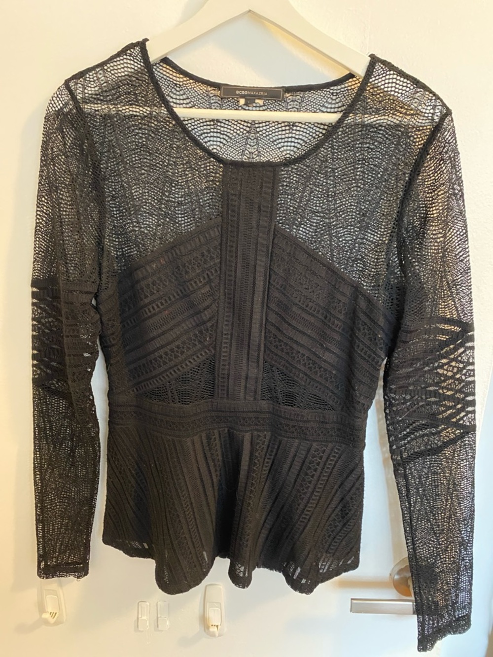 BCBGMaxAzria Black Lace Peplum Long-Sleeve Top